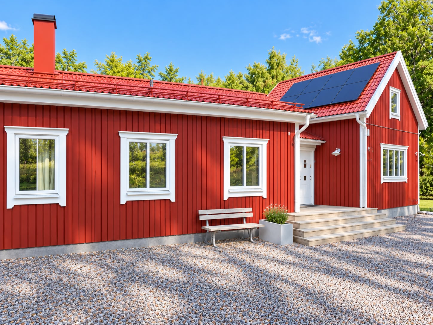 Utemiljö vid den röda fasaden på Görväln Naturreservat