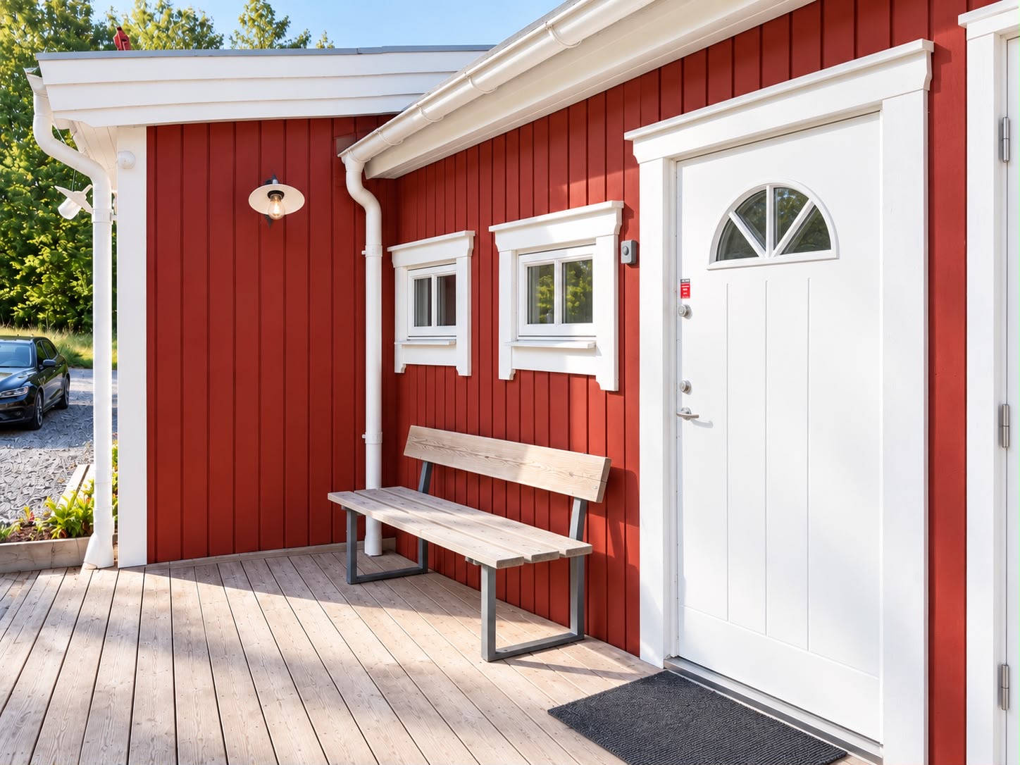 Vit entrédörr, veranda och bänk vid den röda husfasaden