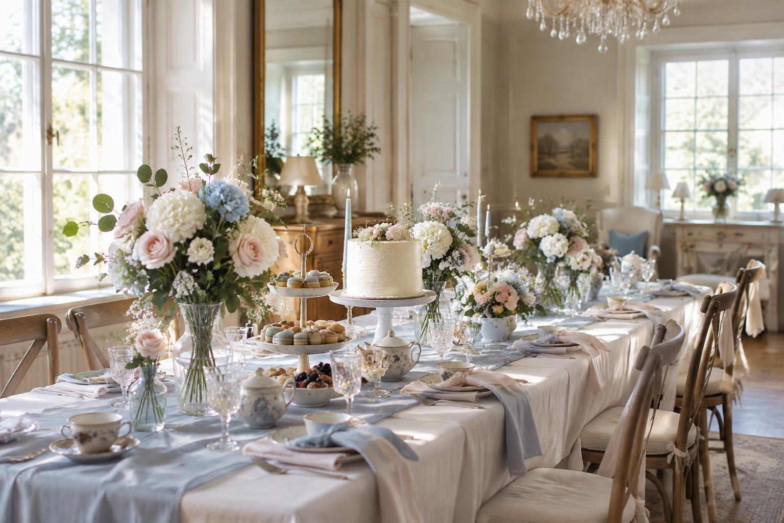 Ljust dukat bord med tårta och blommor för en personlig baby shower