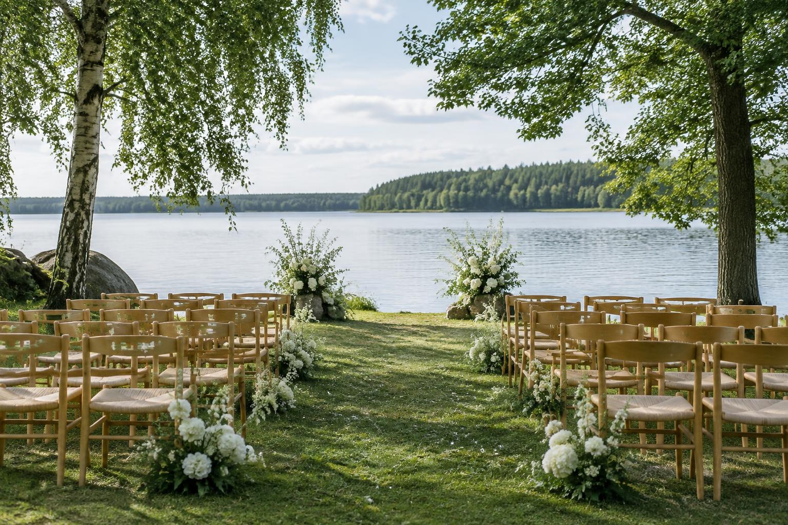 Naturnära bröllopsceremoni med stolar och blomsterarrangemang vid en sjö