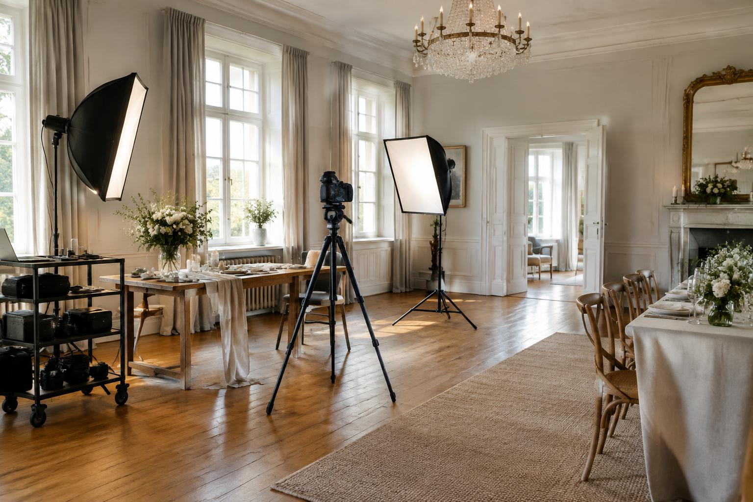 Fotoutrustning och ordnade arbetszoner i en ljus eventlokal