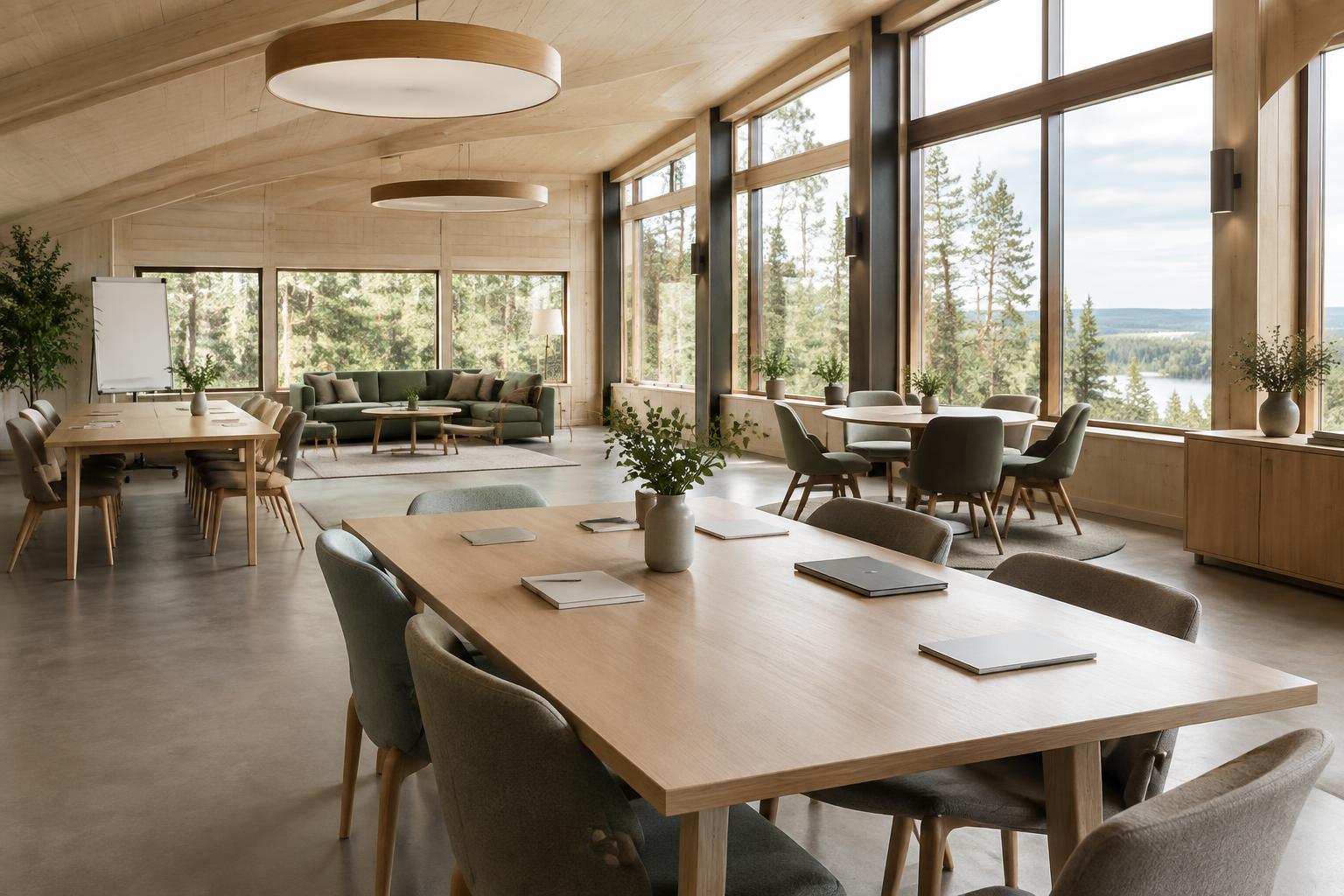 Ljus konferenslokal med flera arbetsytor och utsikt över skog och sjö