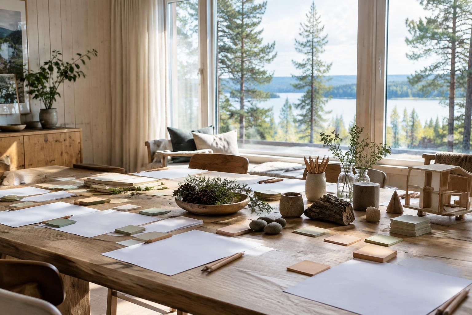 Kreativt workshopbord med papper, pennor och naturmaterial vid sjön