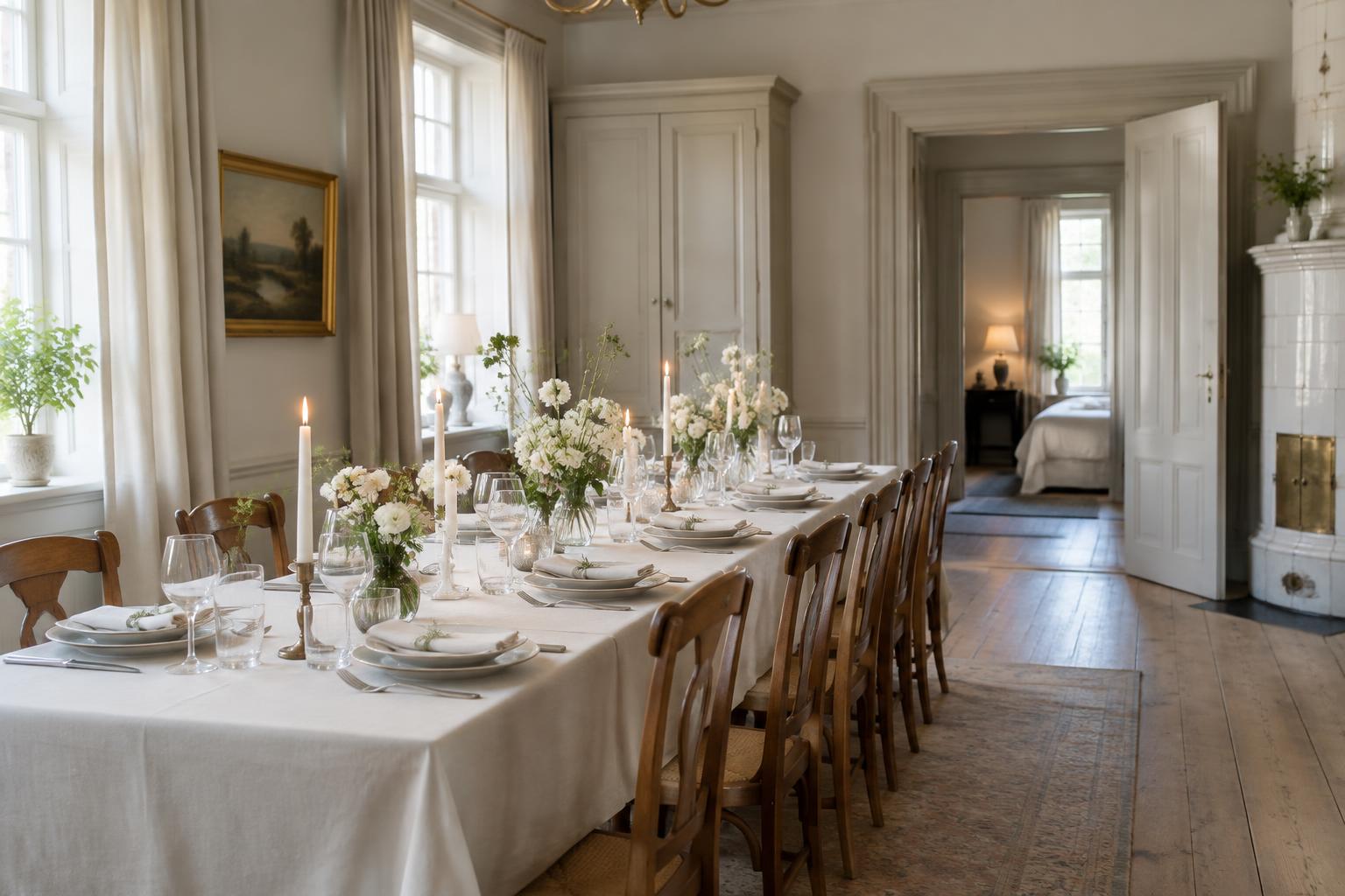 Intim bröllopsmiddag med blomsterdukning och gästrum i anslutning