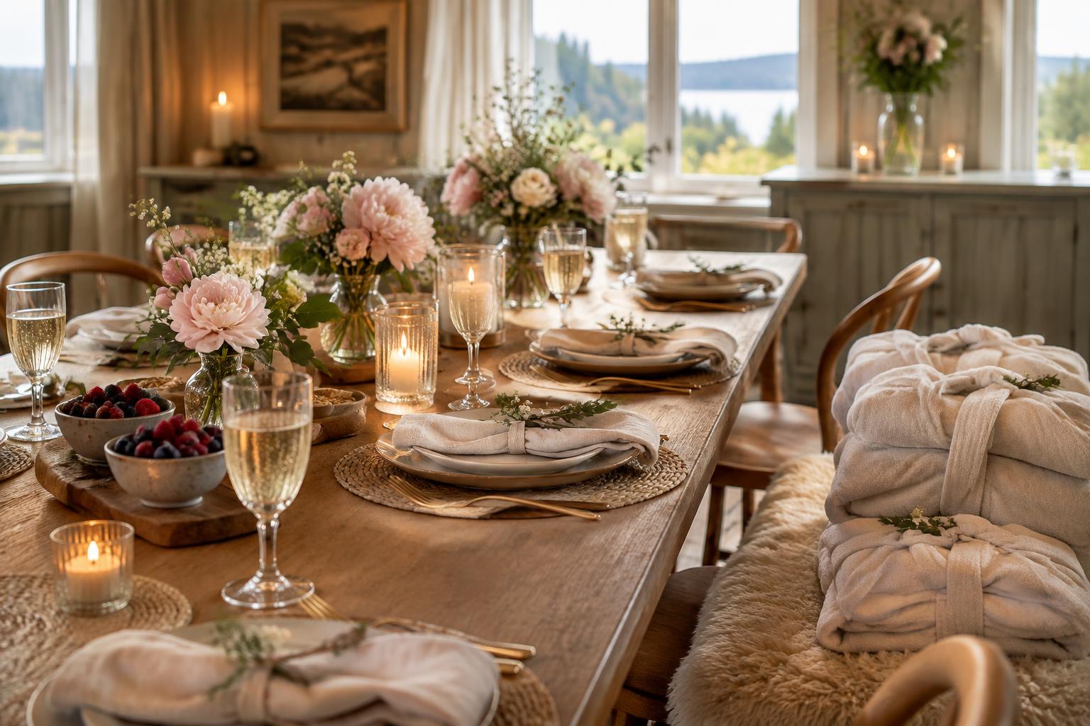 Personligt dukad middag med blommor och wellnessdetaljer för möhippa eller svensexa