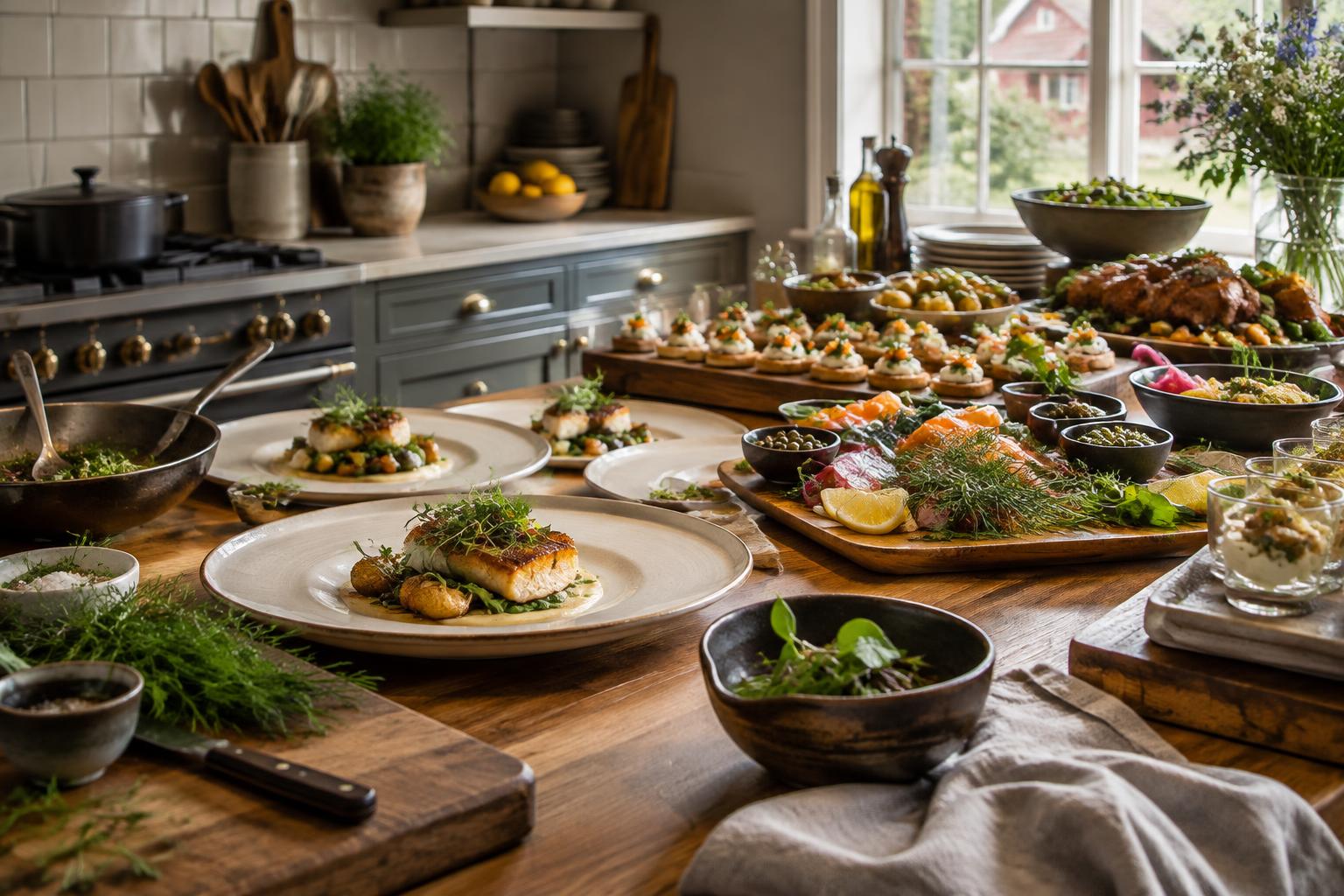 Upplagda rätter och cateringfat i ett välutrustat kök