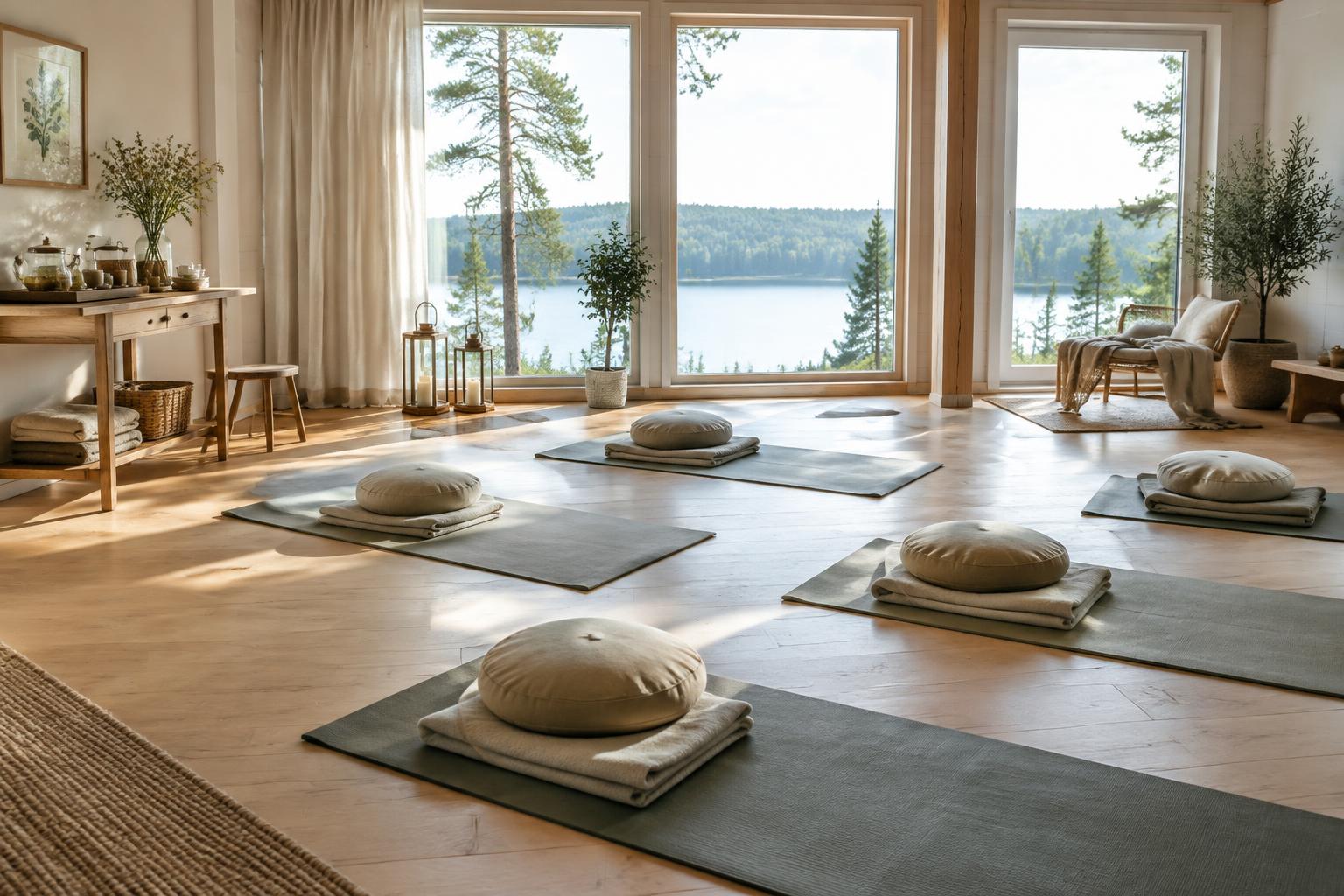 Yogamattor och meditationskuddar i en lugn retreatmiljö med sjöutsikt