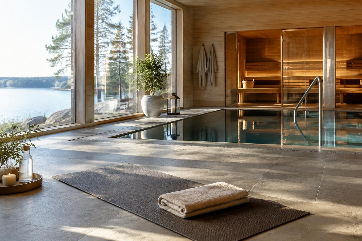 Yogamatta framför pool och bastu i en lugn wellnessmiljö