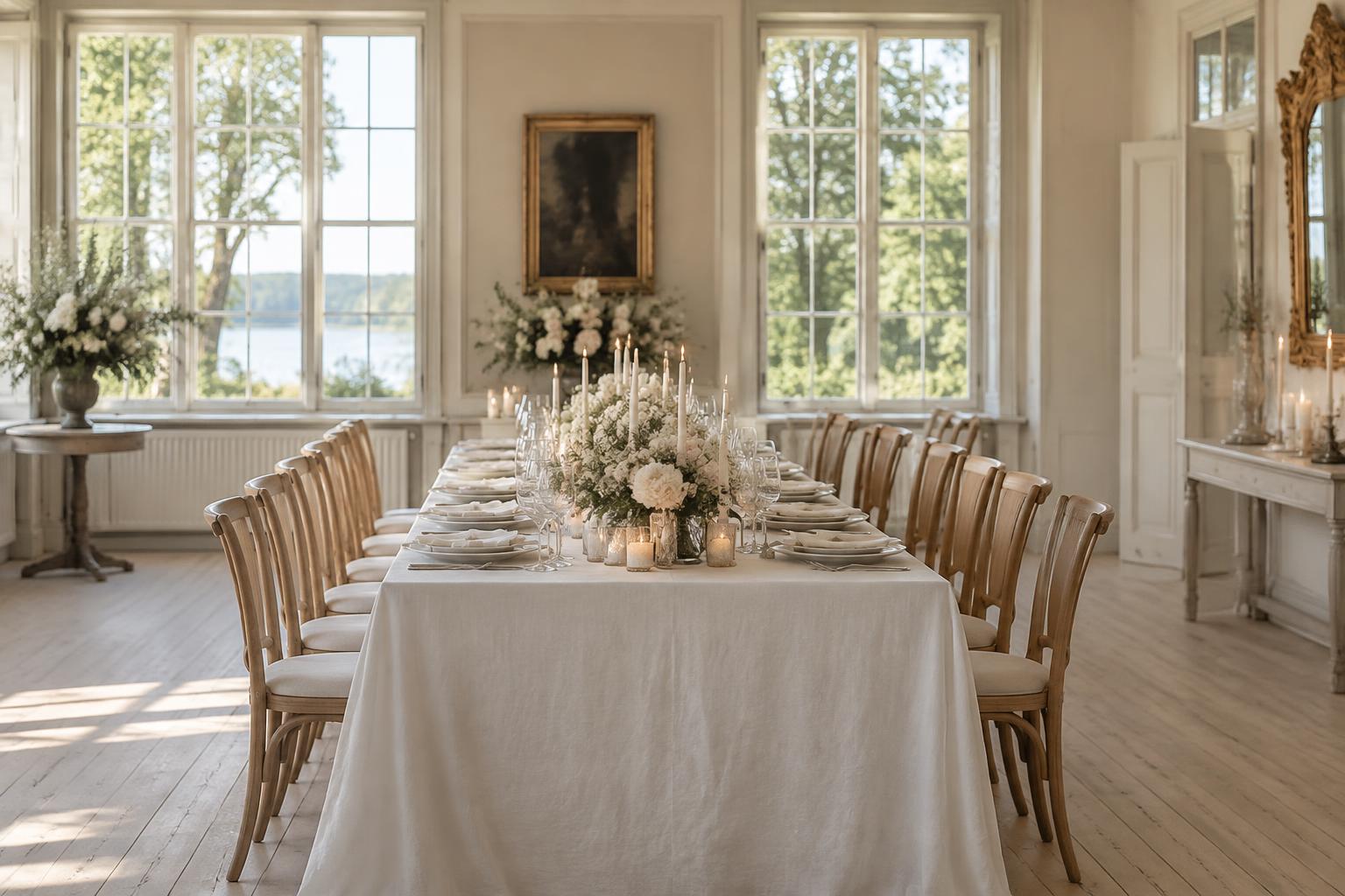 Elegant bröllopsdukning i en ljus och naturnära festlokal